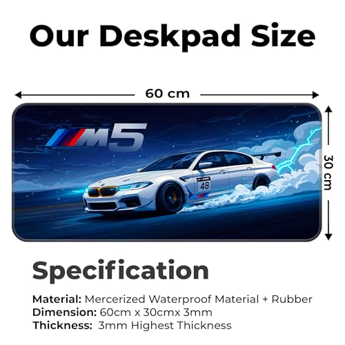 Image of Skiditos BeeMW M5 Desk Pad - Racing Lightning Edition | L Mouse Pad with Track Drift Art | Large Non-Slip Desk Mat for Gaming & Car Enthusiasts | M5 Race Car Design