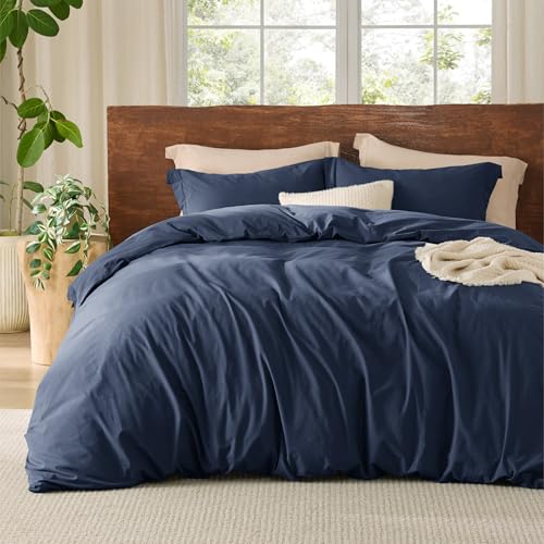 Bedsure 100% Washed Cotton Duvet Cover King Size - Navy Minimalist Cotton Duvet Cover Linen Like for All Seasons - GentleSoft™ Plain Simple Bedding (Navy, King, 104"x90")