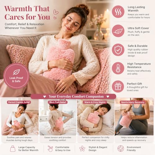 Image of Hot Water Bag with Plush Fur Cover 1 Litre | Medical Grade & Leak-Proof Heating Pad for Pain Relief & Cramps | Hot & Cold Compress for Swelling, Neck, Back, Shoulder, Joint & Menstrual Care (Pastel Pink)