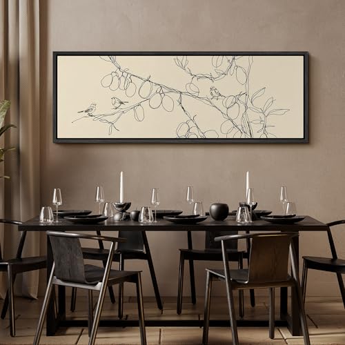Image of MUDECOR Large Framed Canvas Print Wall Art Simple Line Art Birds on Branch Botanical Minimalist Antique Retro Ready to Hang Painting for Living Room Bedroom Multi-Sizes - 60 inchx20 inch