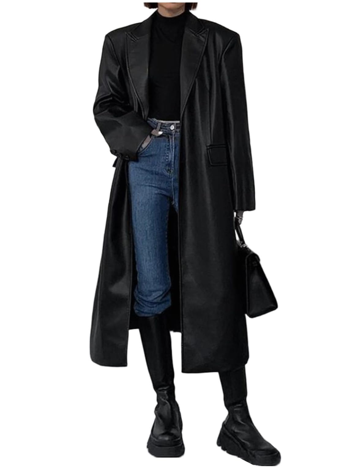 Womens Leather Long Coat Casual Two Buttons Suit Dress Blazer for Party Prom