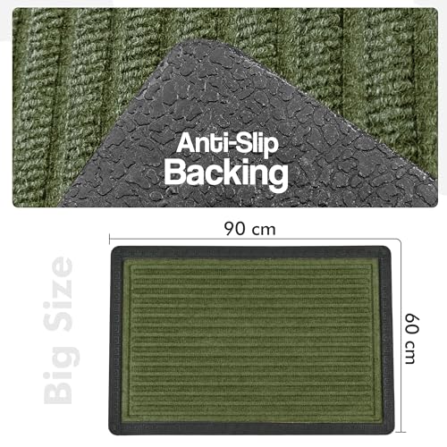Image of Yellow Weaves Large Size (60x90 cm) Door Mat for Home Entrance, Outdoor Rubber Mat - Non-Slip, Anti Skid Foot Mat, Dirt Trapper, Heavy-Duty, Waterproof Doormat (Stripe Design, Olive Green Color)