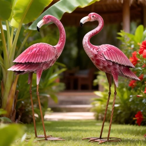 Kircust Outdoor Statue Flamingo Garden Decor, Yard Art Metal Birds Sculpture & Statues, Large Pink Flamingos Lawn Ornaments for Home, Patio, Backyard Decor (2-Pack)