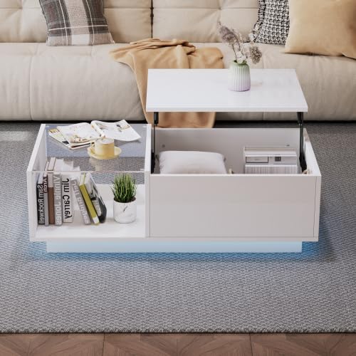 LED Couchtisch, Höhenverstellbarer Kaffeetisch mit Smart LED Beleuchtung & Verstecktem Stauraum, Hochglanz Wohnzimmer Tisch, 50x100x(33-46.5) cm, Weiß/Schwarz