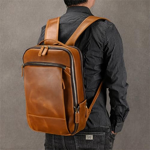 Mens Backpack Retro Shoulder Bag Leather Backpack Commuter Bag Leather Travel Bag for Camping Outdoor Sport,Light Brown-42x30x11cm2