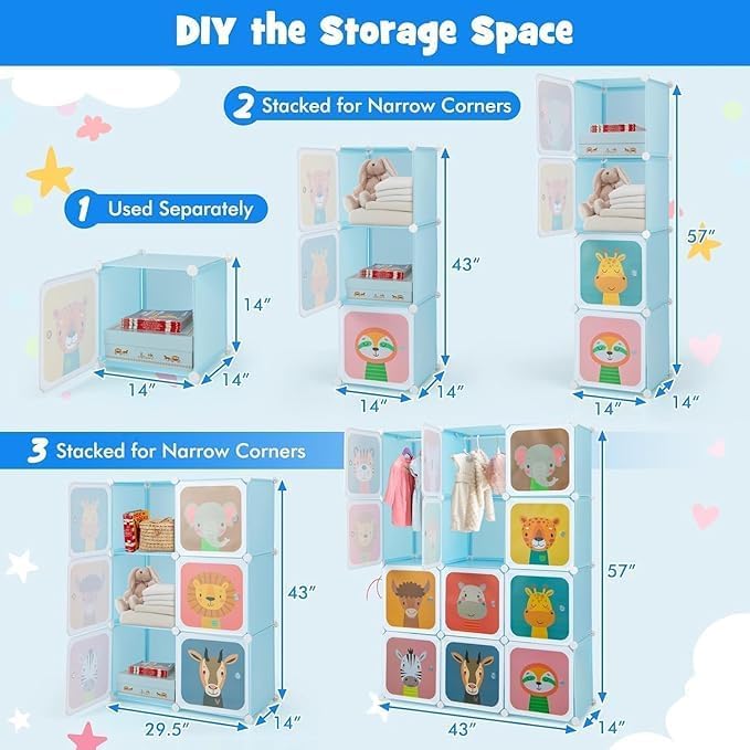Image of Almirah for Clothes,Plastic Soft Sheet Collapsible Wardrobe for Clothes for Kids Clothes /Toy /Book, Baby Cupboard for Clothes Storage in Bedroom Nursery,Cartoon (Blue, 12-Shelf-12-Door) KTC3