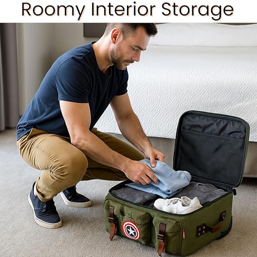 Vintage Army-Inspired Captain America 19-Inch Canvas Carry-On Cabin Bag– Olive Green Soft Cabin Luggage with Wheels, Telescopic Handle & Side Pockets– Lightweight Travel Gift 6