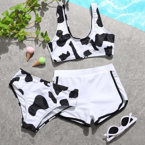Girls Cute Cow Print Swimsuits for Teens Bikini Set with Shorts 3 Piece Bathing Suits Cute Tankini Swim Suit Beach2