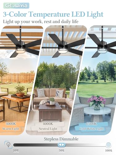 Glowivia 46 Inch Outdoor Ceiling Fan with Lights, IP65 Waterproof, Smart APP Remote Control, Dimmable 3CCT LED, 6-Speed Quiet DC Motor, Plug in Hanging Fan with Cord for Patio Porch Gazebo (Black) — view 6