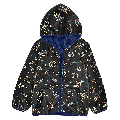 Cartoon Space Rockets Planets Boys Fleece Hoody Jacket Zip Up Coat Warm Fall Winter Plush Jacket Long Sleeve Outerwear