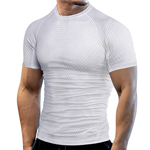 LOIJMK Trockene, Enge Ärmel, atmungsaktiv, Kurze Elastizität, schnelle Männer, hohe Fitness, Sommer, Männer-T-Shirts Armbanduhr Stromzähler (White, L)