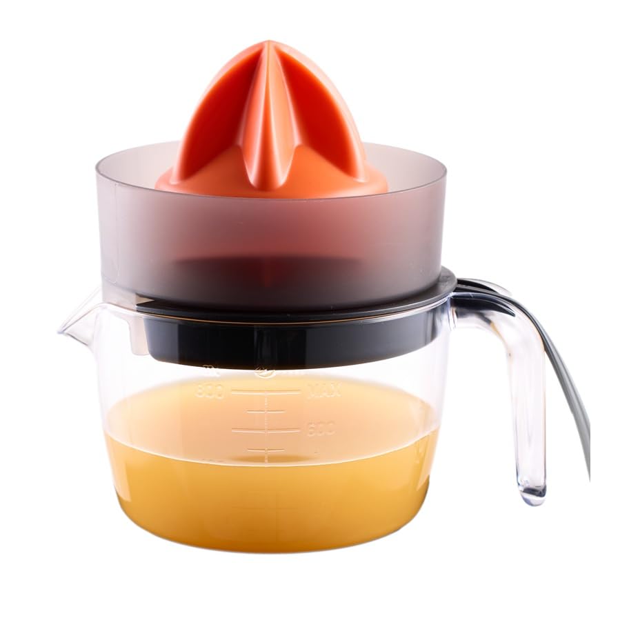 Primtronic Electric Citrus Juicer – 3 Cup (24 oz) Orange Juicer with Seed Filter, Auto-Reverse, Compact Design – Easy Press Citrus Juicer for Oranges, Lemons, Limes – BPA-Free – Black and orange