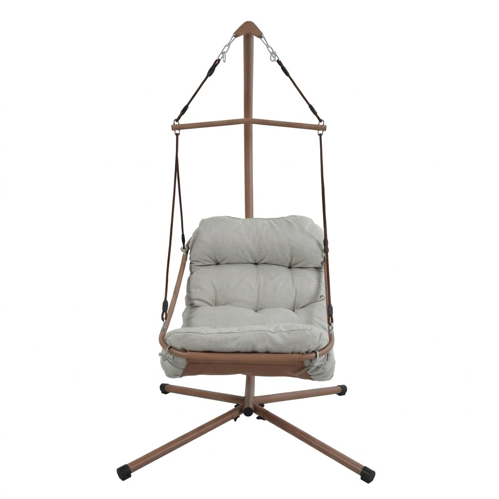 Brigros - Poltrona Sospesa Essentia Mocha Mousse con Cuscino Beige Idrorepellente, Sedia Pensile da Giardino con Struttura in Acciaio Zincato, 109x112,5x197 cm