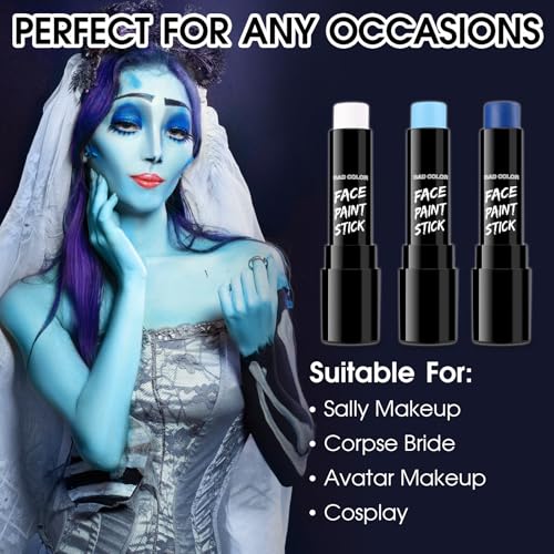 Image of BADCOLOR 3PCS Blue White Light Blue Face Body Paint Stick Makeup for Sally /Corpse Bride SFX Cosplay & Dress Up, Full-Coverage Halloween Facepaint Makeup Kit