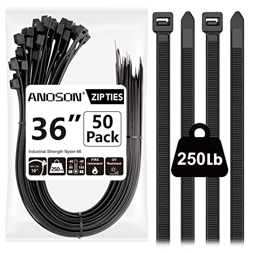 Large Zip Ties 36 inch (50 Pack), Long Zip Ties Heavy Duty with 250 lb Tensile Strength, Big Cable Ties, Black, by ANOSON