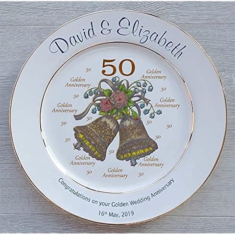 All About Names Personalised Golden Wedding Anniversary plate with 2 gold bands - Bells + 50 design Cover