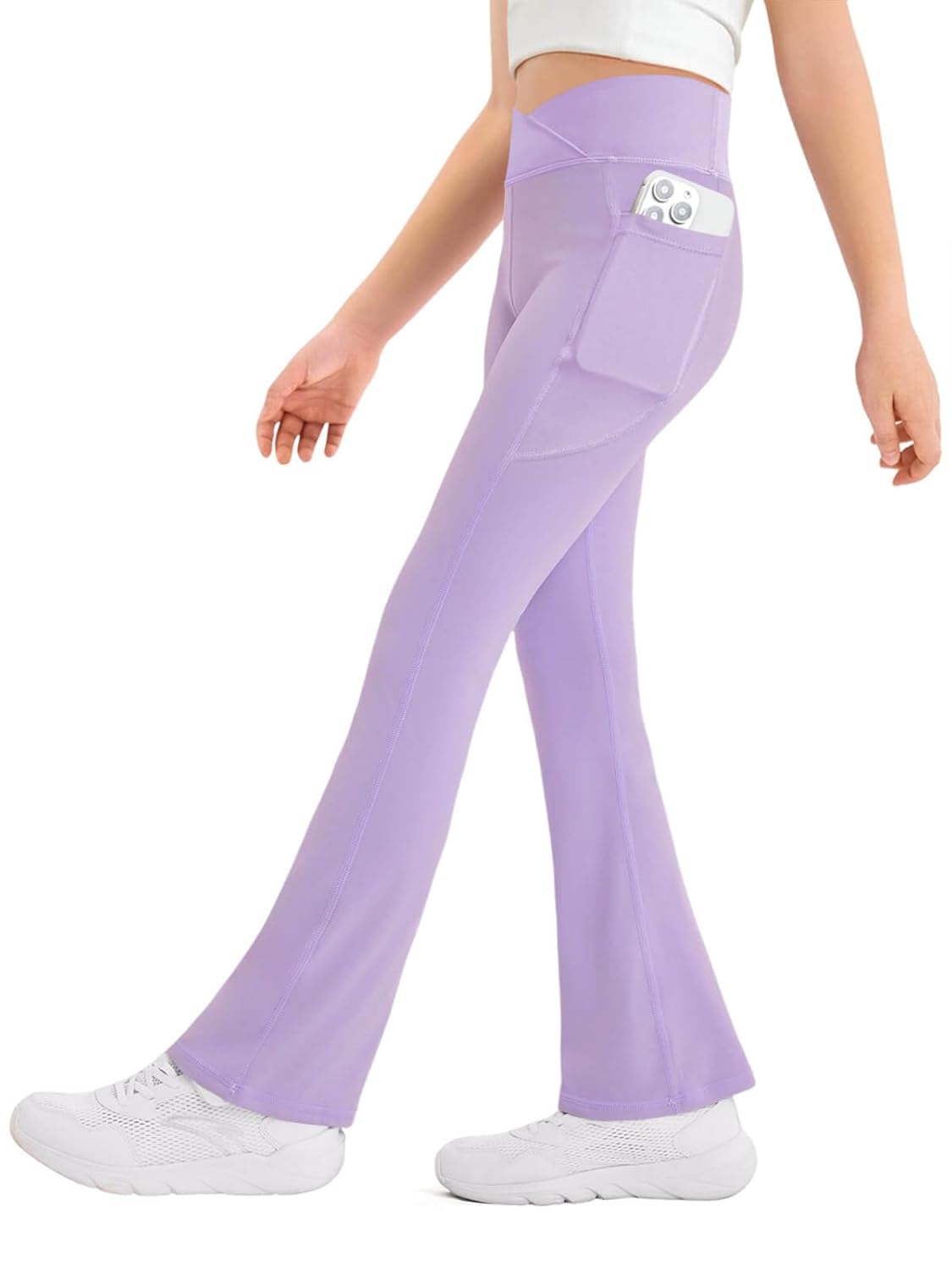 Haloumoning Calça legging feminina flare infantil cintura alta V Crossover Yoga calça de sino com bolsos 5-14 anos