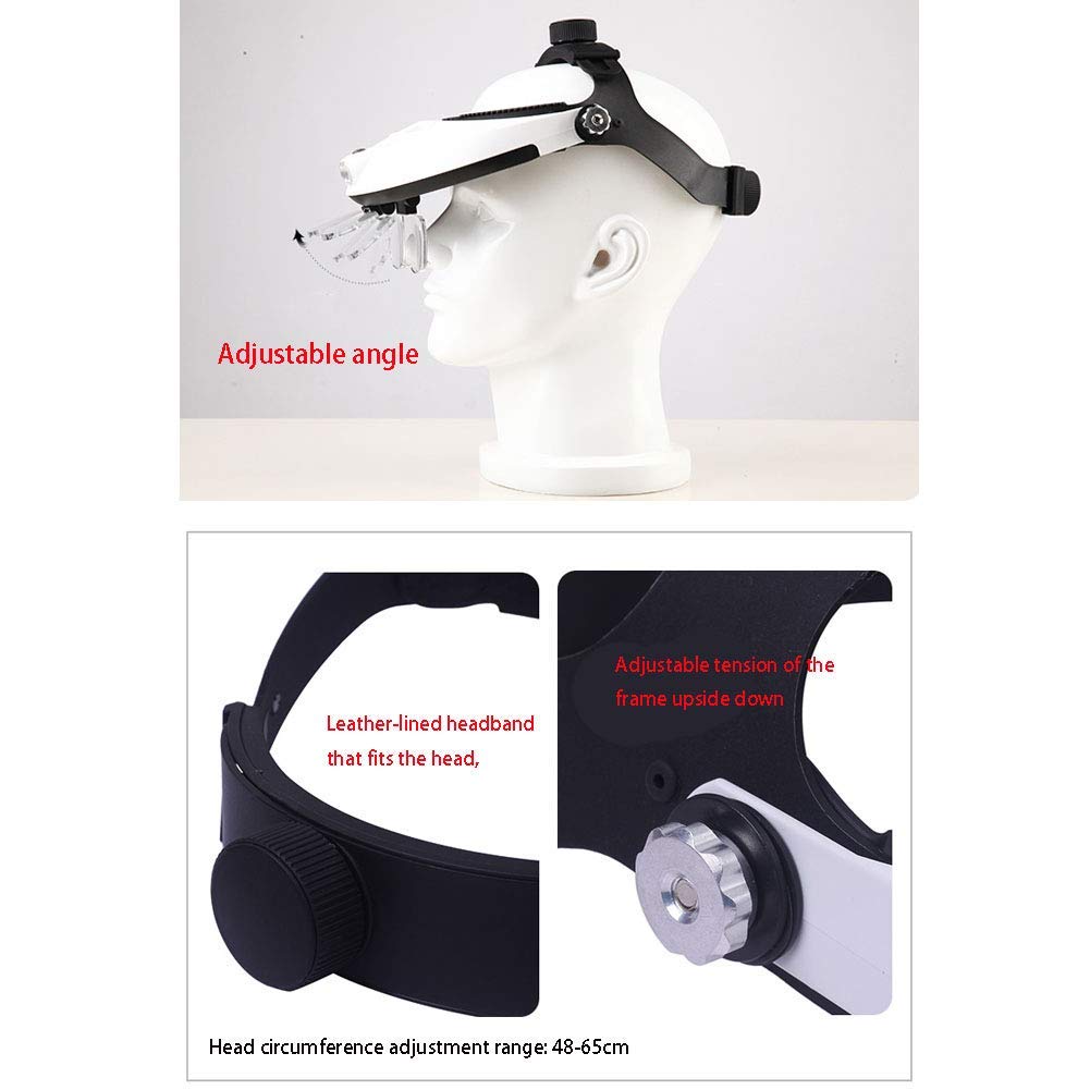 Lupa, lupa de diadema con 2 luces LED, lupa de lectura manos libres montadas en la cabeza, joyero, lupa de reloj, 5 lentes reemplazables,