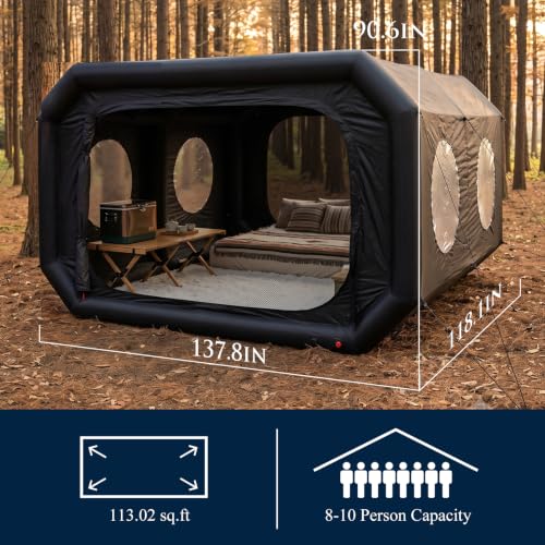 Carpa inflable para camping para 8-10 personas, fácil montaje, tela Oxford 420D impermeable, 2 puertas, 4 ventanas transparentes, vigas de aire negras de 11.5” con estacas y cuerdas de viento miniatura 2