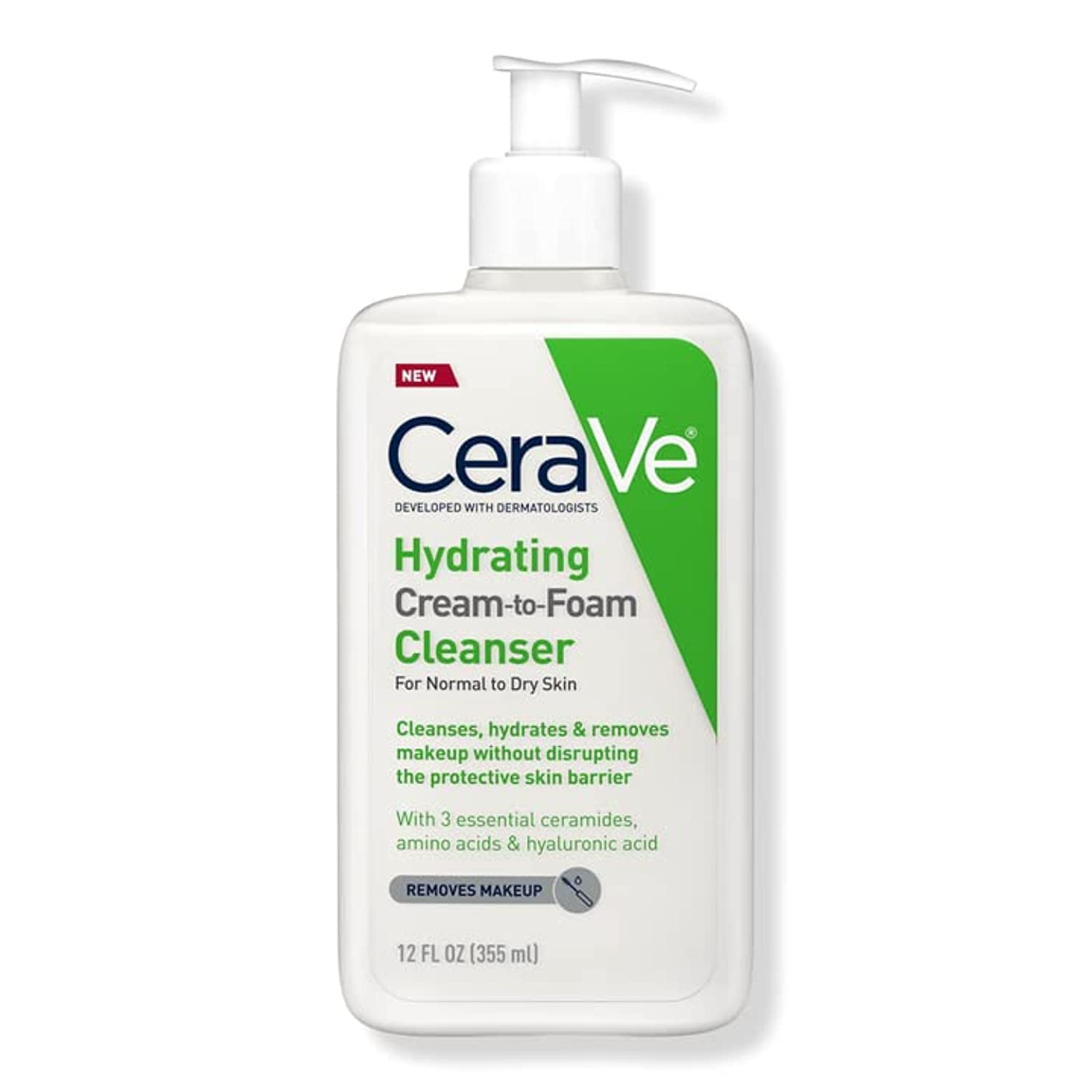 CeraVeHydrating Cream-to-Foam Cleanser, Makeup Remover and Face Wash, with Hyaluronic Acid, Fragrance Free, 12 fl oz 355ml