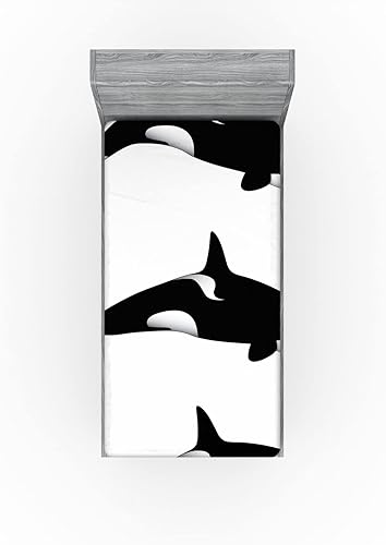 Miniatura 3 de Ambesonne Sábana bajera ajustable de animales marinos, 3 orcas orcas en diferentes ilustraciones, estilo blanco y negro, ropa de cama de tela