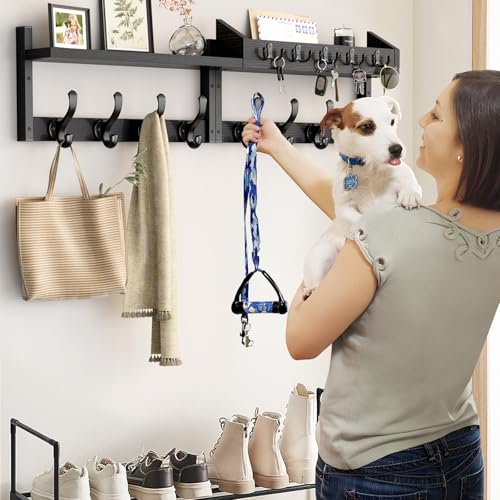Image of Evermagin 35 inch Coat Rack Wall Mount with Shelf, 4 in 1 Coat and Key Hanger with 13 Metal Hooks, Entryway Wall Mounted Shelf with Mail Holder for Living Room, Bedroom, Black