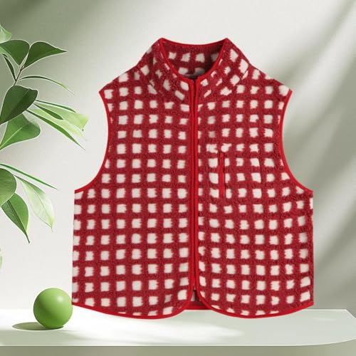 Women's Checkered Polar Fleece Vest Sleeveless Cardigan, Fashion Plaid Sleeveless Sherpa Coat (Red M)4