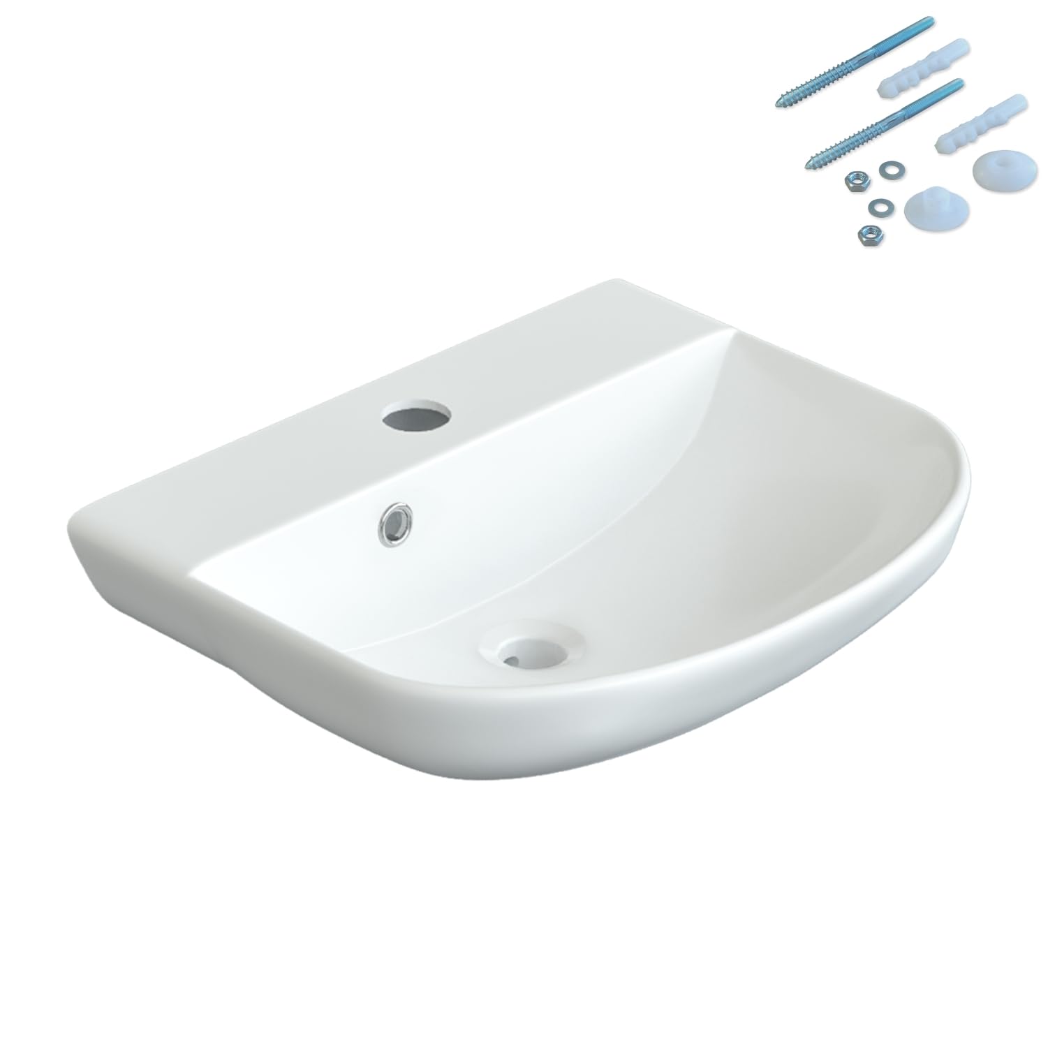 Waschbecken aus Keramik 44 x 36 cm Waschtisch Hängewaschbecken Halbrund Ovales Handwaschbecken Weiß Badezimmer Gäste WC mit Hahnloch Überlauf Stockschrauben | OHNE Wasserhahn | OHNE Ablaufventil