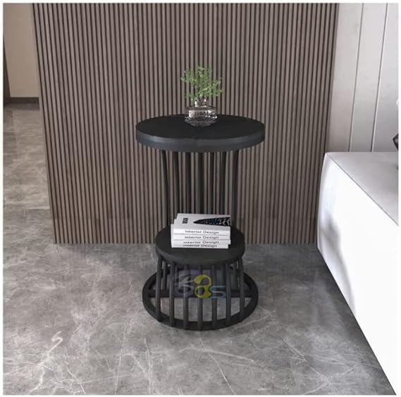 Image of End Table with Decorative Legs, in-Lay Top, Home Decor Accent Furniture -Tier Metal Coffee Table with Open Storage Shelf for Living Room (Full Black)