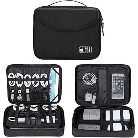 Electronics Organizer, Electronic Accessories Bag Double Layer Travel Cable Organizer Cord Storage Bag for Cables, Power Bank, USB Flash Drive, iPad (Up to 12.9'')-Large , Black Cover