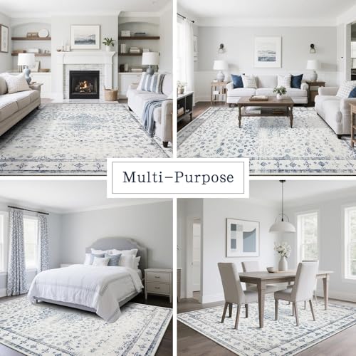 Washable Rugs 8x10 Area Rugs for Living Room,Rugs for Bedroom,Large Carpets,Ultra Soft Faux Wool Retro Dining Room Rug,Non Slip&Non-Shedding Low Pile Vintage Print Rug for Home Office-Blue