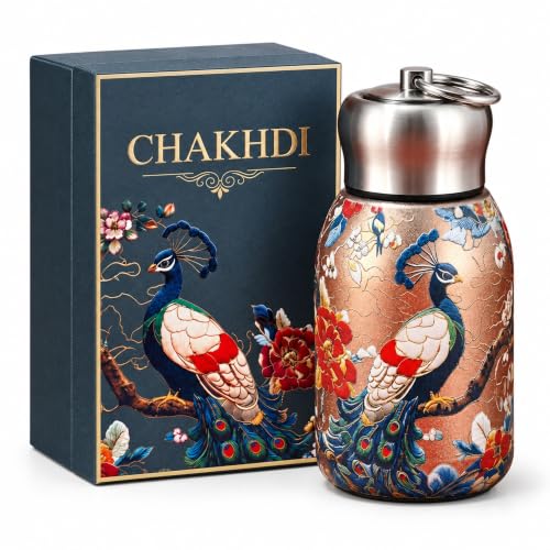 Image of Small Water Bottle 300ml, Mini Stainless Steel Drinking Bottle with Leak-Resistant Lid and Keyring, Compact Reusable Bottle for Office, School, College, Travel, Gold Peacock