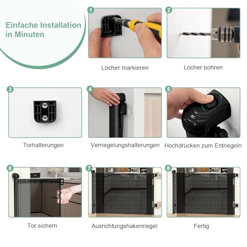 Treppenschutzgitter Ausziehbares Ohne Bohren Türschutzgitter für Babys, Babygitter & Hundegitter,140 cm Breite, 80 cm Höhe, Türschutzgitter für Treppe/Türen/Korridore/im Freien
