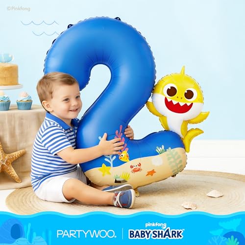 Image of PartyWoo Baby Shark Blue Foil Number 2 Balloon 40 Inch Blue Mylar Helium Birthday Number Balloons for Boys and Girls Baby Shark Under the Sea Ocean Theme Kids Second Birthday Party Decorations
