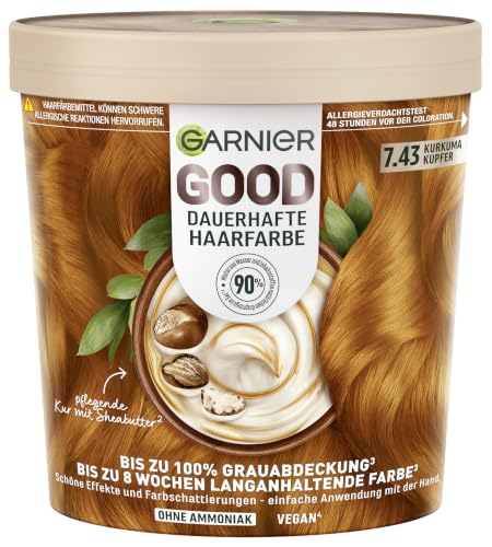 Garnier GOOD Dauerhafte Haarfarbe 7.43 Kurkuma Kupfer permanente Coloration ohne Ammoniak bis zu 100% Grauabdeckung langanhaltende Farbe bis 8 Wochen einfache Anwendung angenehmer Duft 1 Stk.