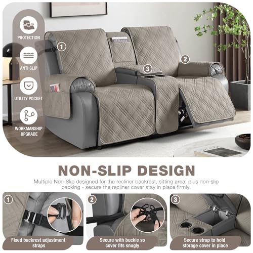 Image of TAOCOCO Loveseat Recliner Cover with Center Console, 100% Waterproof Pet Covers for Dual Recliner with Straps Design, Split Reclining Loveseat Cover Furniture Pet&Kid Protector (2 Seater, Light Brown)