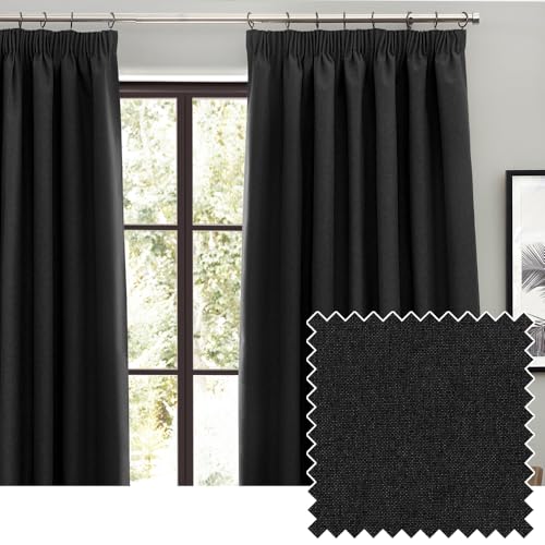 furn. Dawn Textured Blackout Pencil Pleat Curtains – Thermal Lined Pair (Black - Width 229 x Drop 183cm)