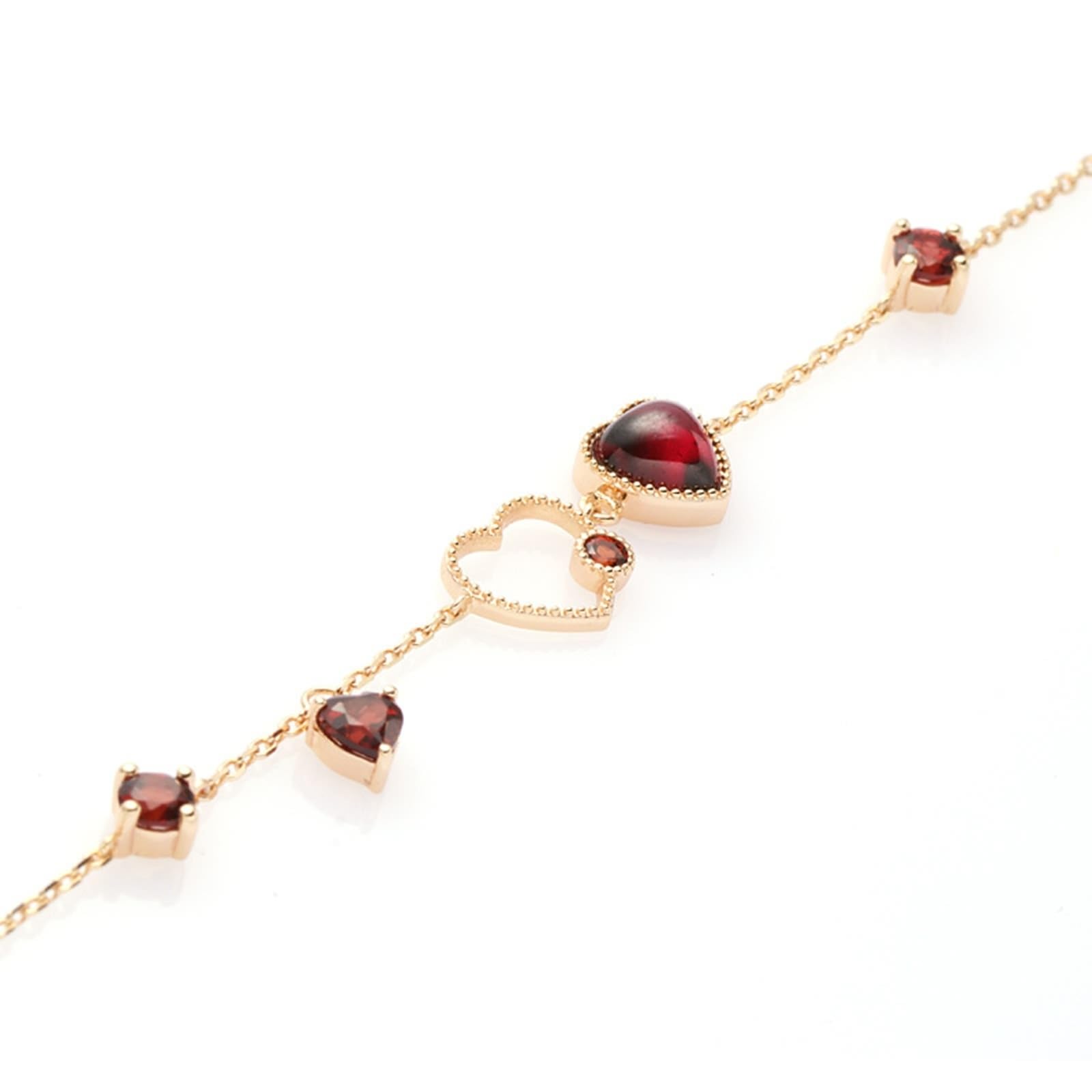 Au375 - Bracciale in oro giallo 9 carati, con cuore rosso granato e cuore, 23 cm