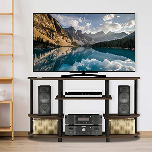 Image of Furinno JAYA Simple Design Corner TV Stand, Columbia Walnut /Black | Open Shelf Design Corner Entertainment Center, TV Console, Round Corner, for Living Room, Bedroom