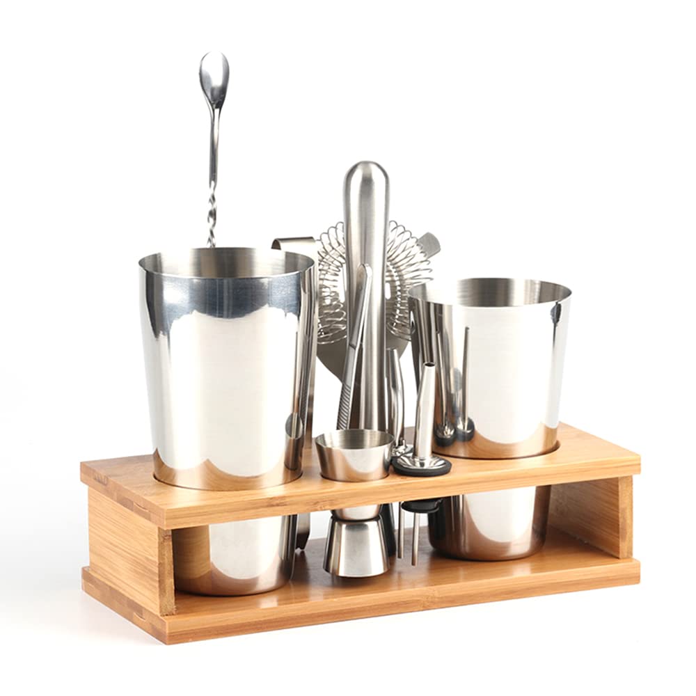 11 Pezzi Boston Bar Bartender Kit Cocktail Shaker Set Acciaio Inossidabile con Elegante Vassoio di Bambù