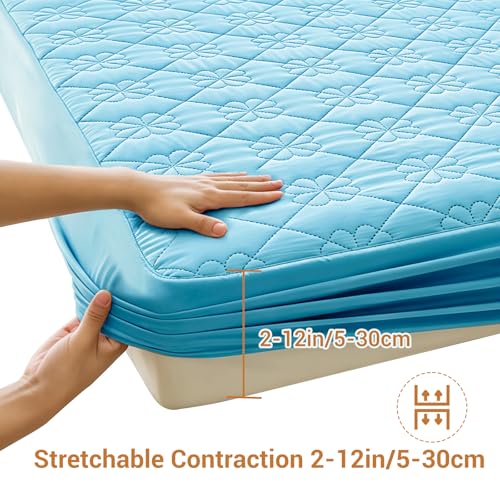 Image of Waterproof Mattress Protector, Noiseless Queen Size Mattress Pad with Deep Pocket Fitted Up to 2-12 inches, Soft Breathable Bed Mattress Cover Washable for Bedroom, Hotel (1, Blue, Queen)