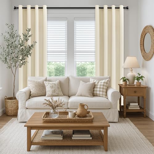 MRTREES Vorhang Blickdicht Gardinen Thermovorhang mit Ösen Verdunklungsvorhang Ösenschal, Kurz Modern 225×140cm(H×B) Beige Creme 2er Set für Hotels Büros Wohnzimmer Schlafzimmer Kinderzimmer