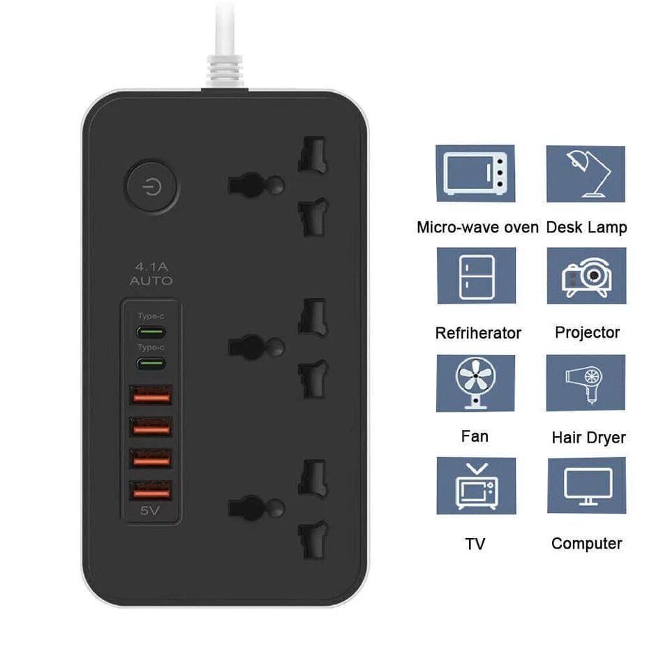 Image of Extension Board with 3 Universal Sockets, 4 USB Ports & 2 Type-C Ports | 2500W 10A Power Strip | Heavy Duty 3 Pin Plug | Master Switch | Multi Plug Extension Board for Home, Office & Travel