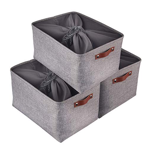 Mangata Juego de 3 Caja de Almacenaje, Cesta de Almacenamiento de Tela Plegable para Ropa, Juguetes, Estanterías, Armarios (Gris, Large)
