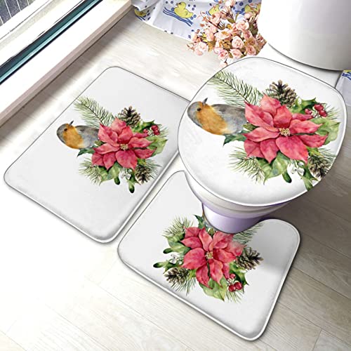 DIRYKILP Badematte + Konturmatte + Toilettendeckelbezug, Vögel Stechpalmenblätter Blumen 3 Stück Badematte Set, mit Anti-Rutsch-Klebeboden