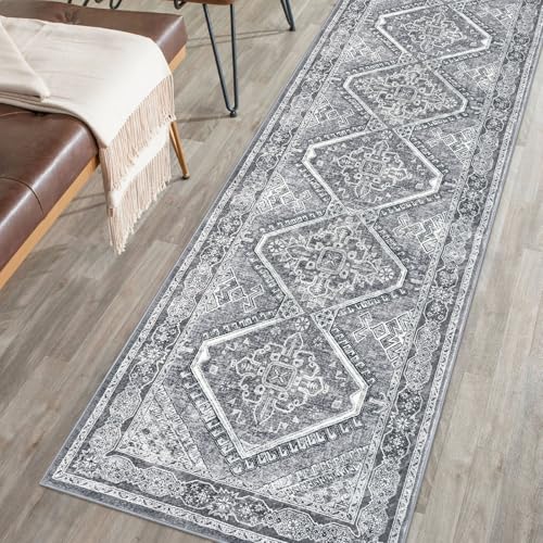 KUTA Oriental Washable Runner Rug Grey, 2x10 Non-Slip Vintage Hallway Kitchen Rugs Ultra Soft Printed Distressed Tribal Floor Carpet Runners for Bedroom Living Room Playroom
