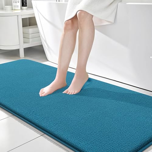 Image of OLANLY Thick Memory Foam Bathroom Runner Rugs 70x24, Extra Soft Absorbent Long Bath Mats, Quick Dry, Non-Slip, Machine Washable Mats for Bathroom, Tub and Shower, Home Decor Accessories, Peacock Blue