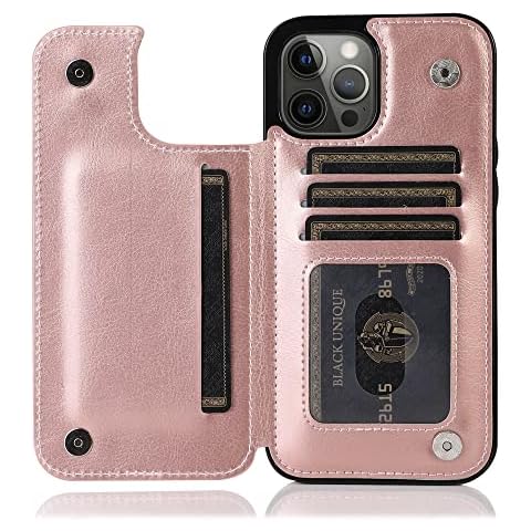 Lacase Double Magnetic Clasp PU Leather Wallet Case Compatible with iPhone 14 Pro Max (Rose Gold) Cover