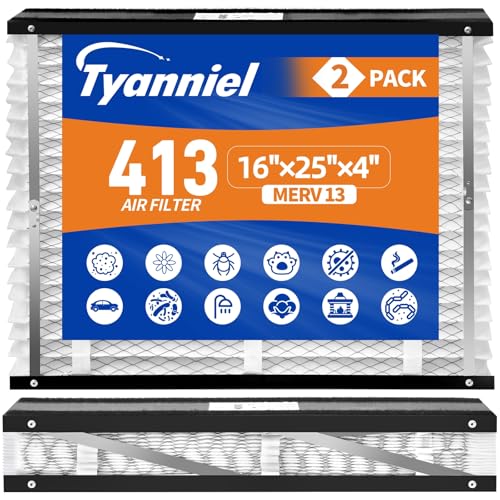 Tyanniel 413 Replacement Air Filter Compatible with AprilAire Whole House Air Purifiers Models 1410 1610 2410 2416 3410 4400 16x25x4 Inch MERV 13 HVAC Furnace Filter 2 Pack