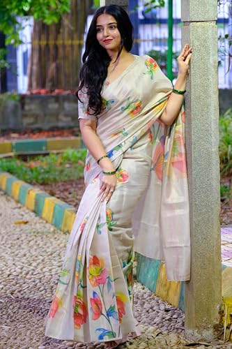 Image of Yashika Women's Chanderi Floral Digital Print Chandheri Saree with Unstitched Blouse Material